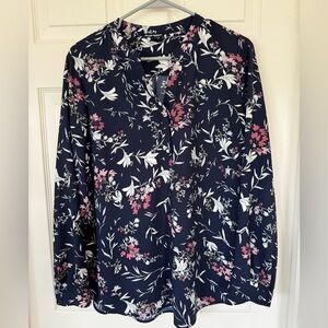 Hilary Radley Blue Blouse with Notched Collar